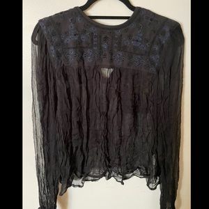 Free People Sheer Black Embroidered Shirt, Size M